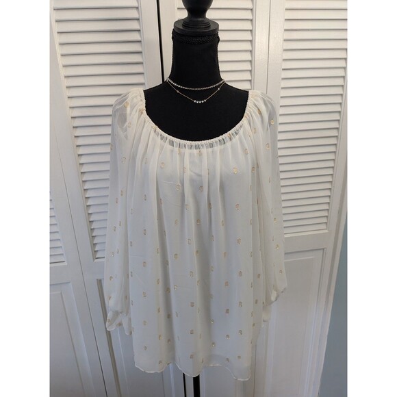 Talbots Blouse/Cami Women's XL Flounce Sleeve Ivory Gold Metallic Clip Dot New - Picture 1 of 12